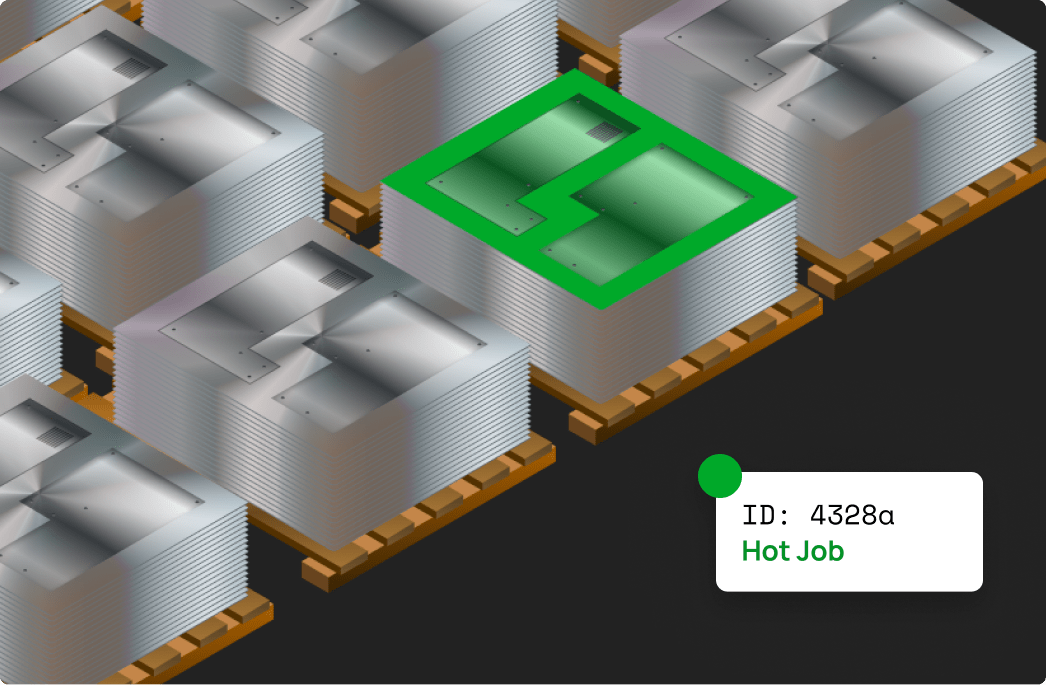 Illustration of pallets of cut sheets across a shop floor, one of them flagged by its pallet ID.